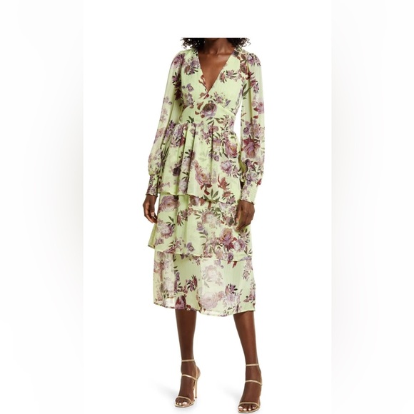 Shop Fourteenth Place Ella Floral Chiffon Long Sleeve Midi Dress - Picture 1 of 13